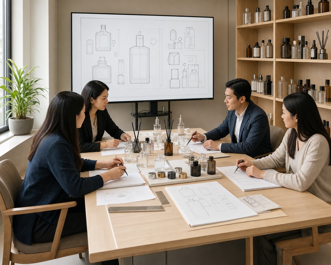 Packaging designers reviewing glass bottle samples