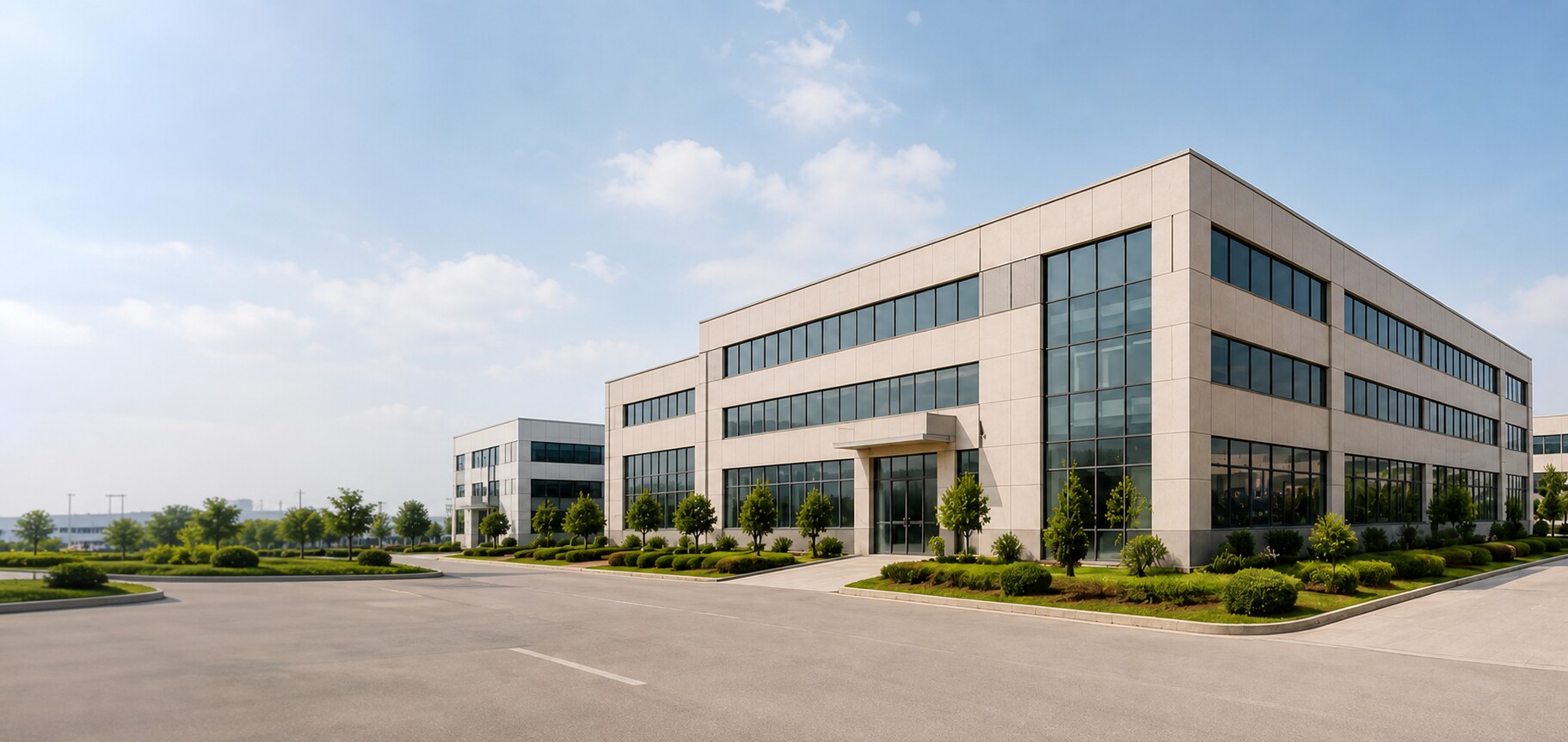 Modern glass packaging company headquarters and manufacturing campus