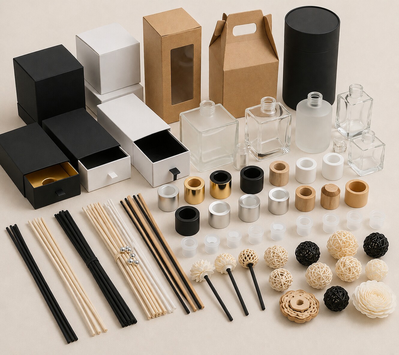 Fragrance packaging boxes, glass bottles, caps, reeds and diffuser flowers