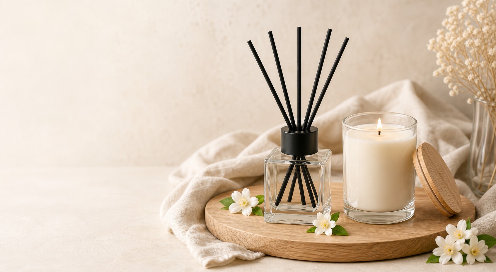Clear diffuser bottle and candle jar on a wooden presentation board
