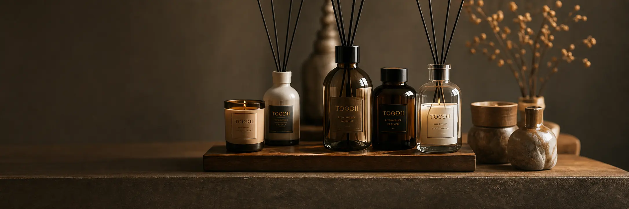 Premium home fragrance packaging displayed in a warm showroom