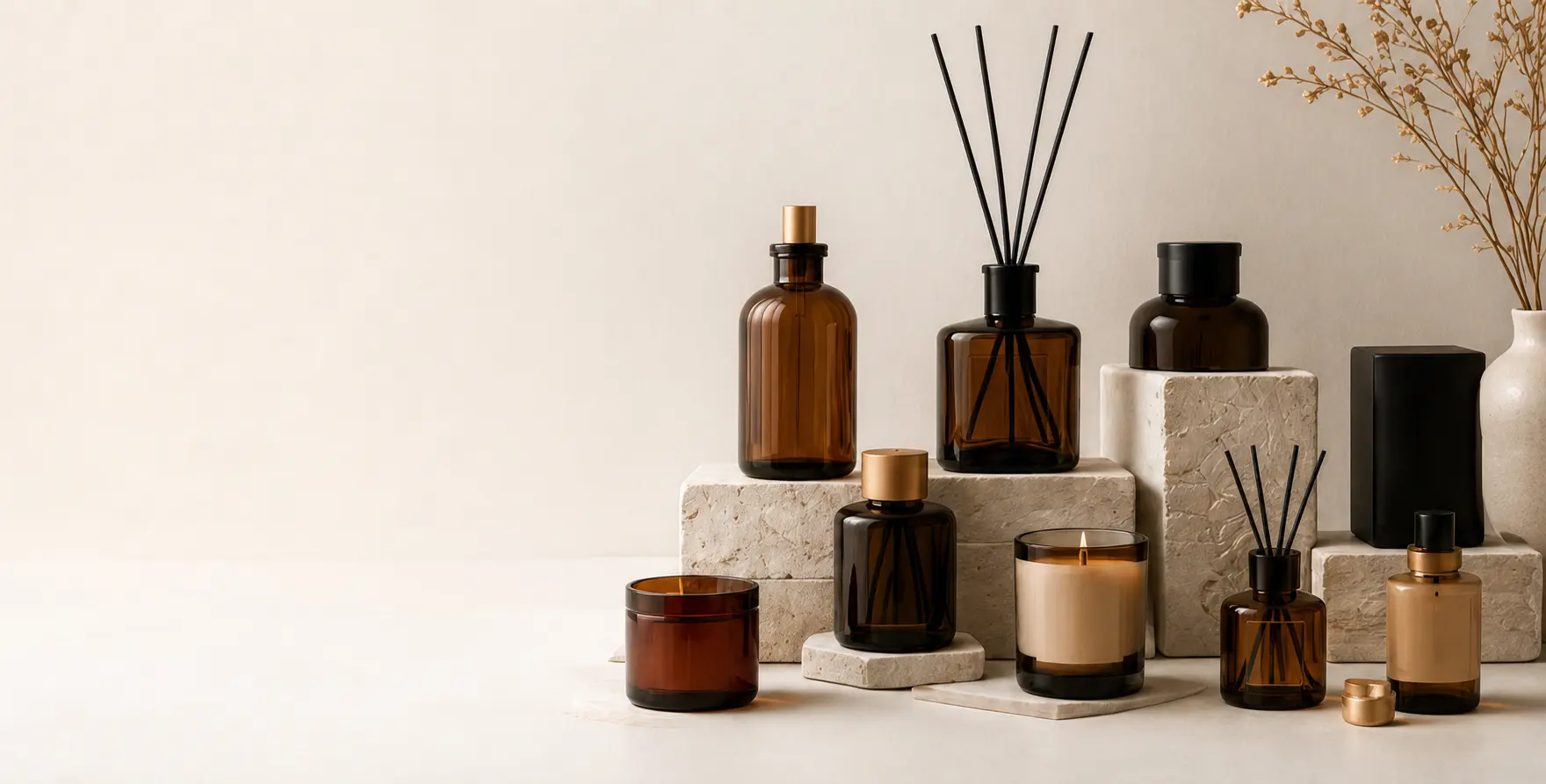 Premium home fragrance packaging collection arranged on stone plinths