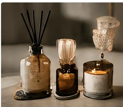 Home fragrance diffuser and candle collection
