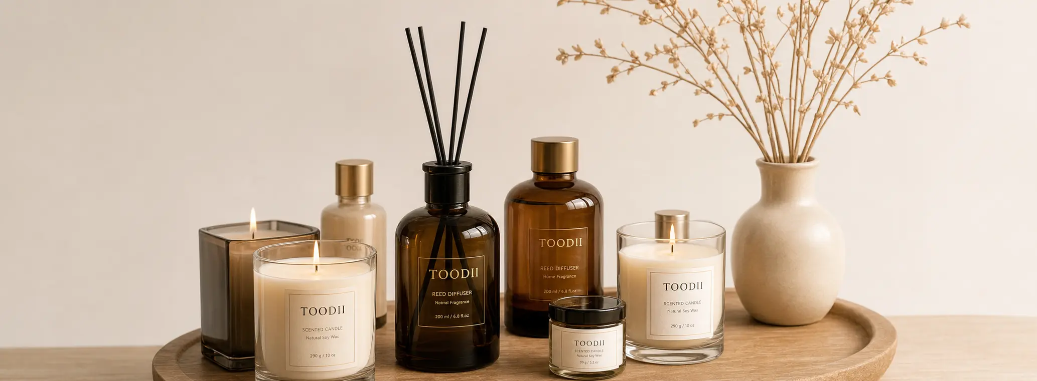 Coordinated home fragrance bottles, candle vessel and presentation packaging