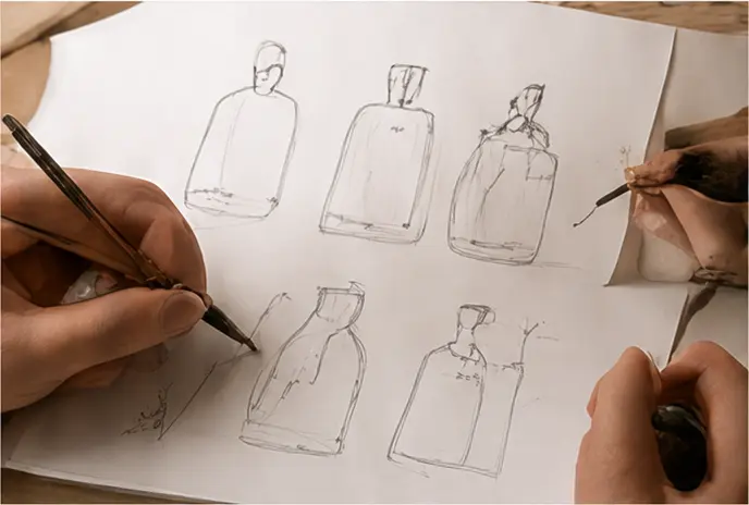 Packaging team developing bottle concepts for a new fragrance brand