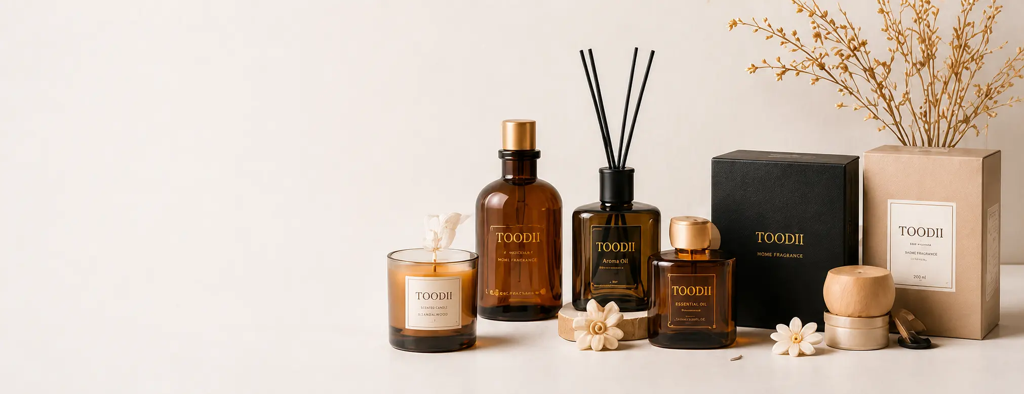 Complete home fragrance packaging collection with diffuser bottles, candle vessel and gift box